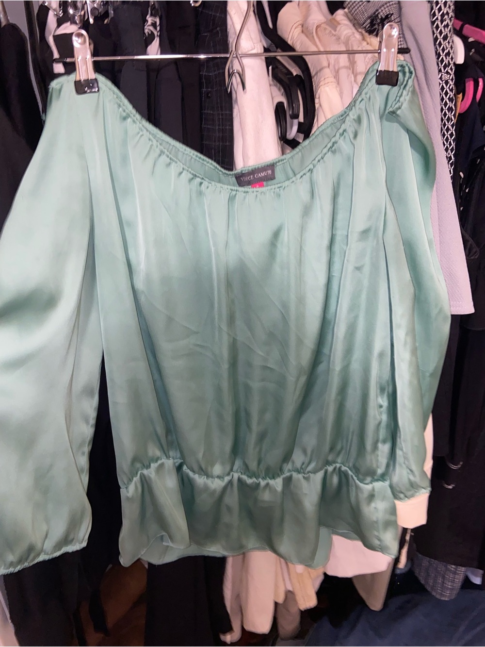 Vince Camuto Mint Green Off-Shoulder Satin Blouse